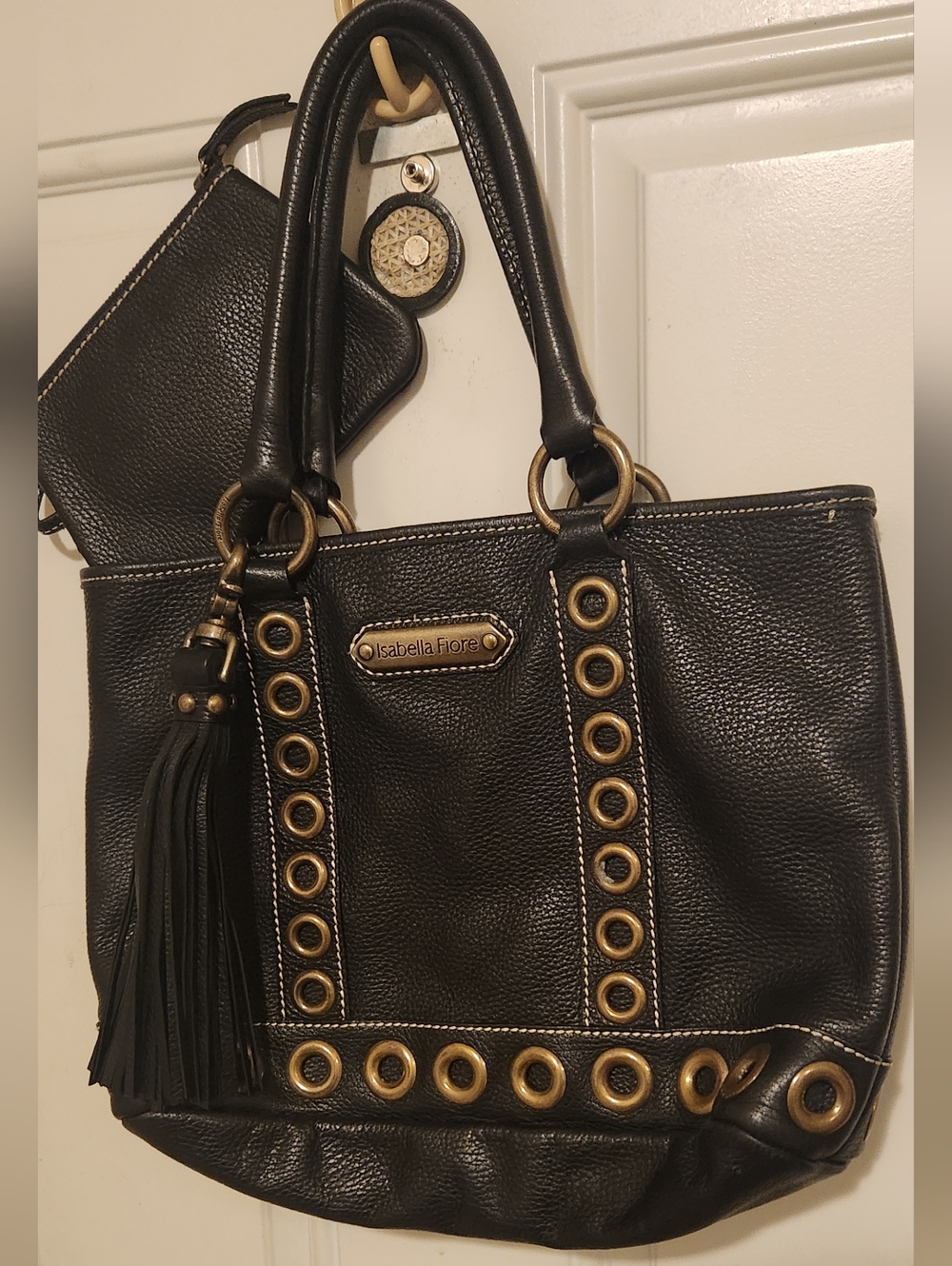 Isabella Fiore Black Leather Tote with Gold Grommet Detail